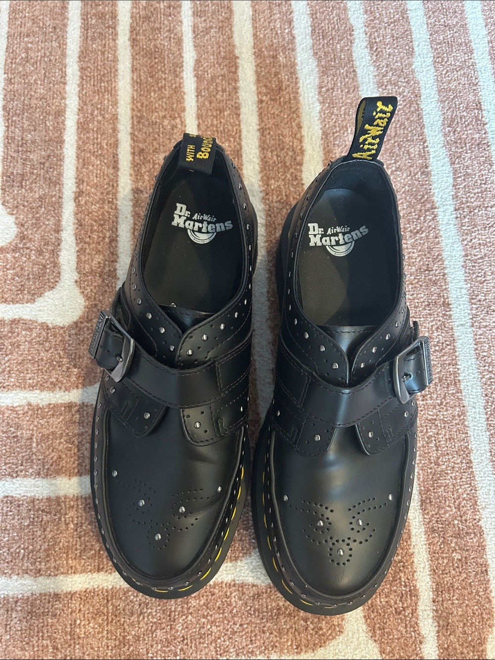 Dr. Martens Black Leather Studded Monk Strap Brogue with Yellow Stitching unisex - Picture 2 of 6